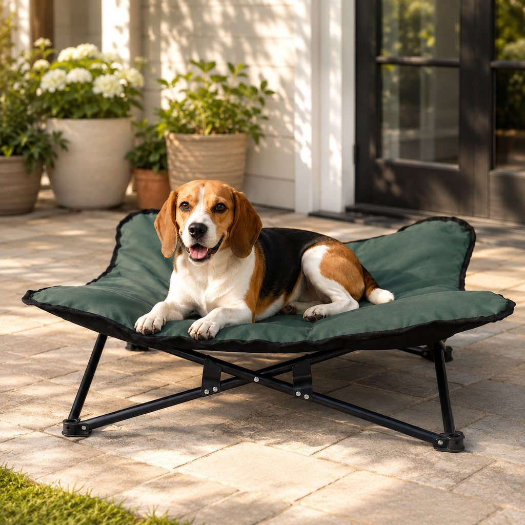 Dotisk Portable Folding Elevated Pet Bed for Dogs & Cats – Padded Raised Cot for Camping, Patio & Home, Keeps Pets Off Cold, Damp & Hard Ground