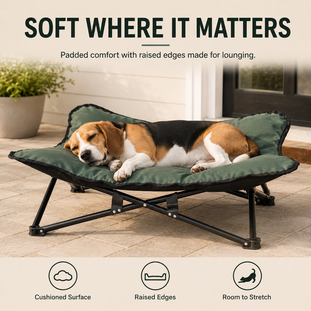 Dotisk Portable Folding Elevated Pet Bed for Dogs & Cats – Padded Raised Cot for Camping, Patio & Home, Keeps Pets Off Cold, Damp & Hard Ground