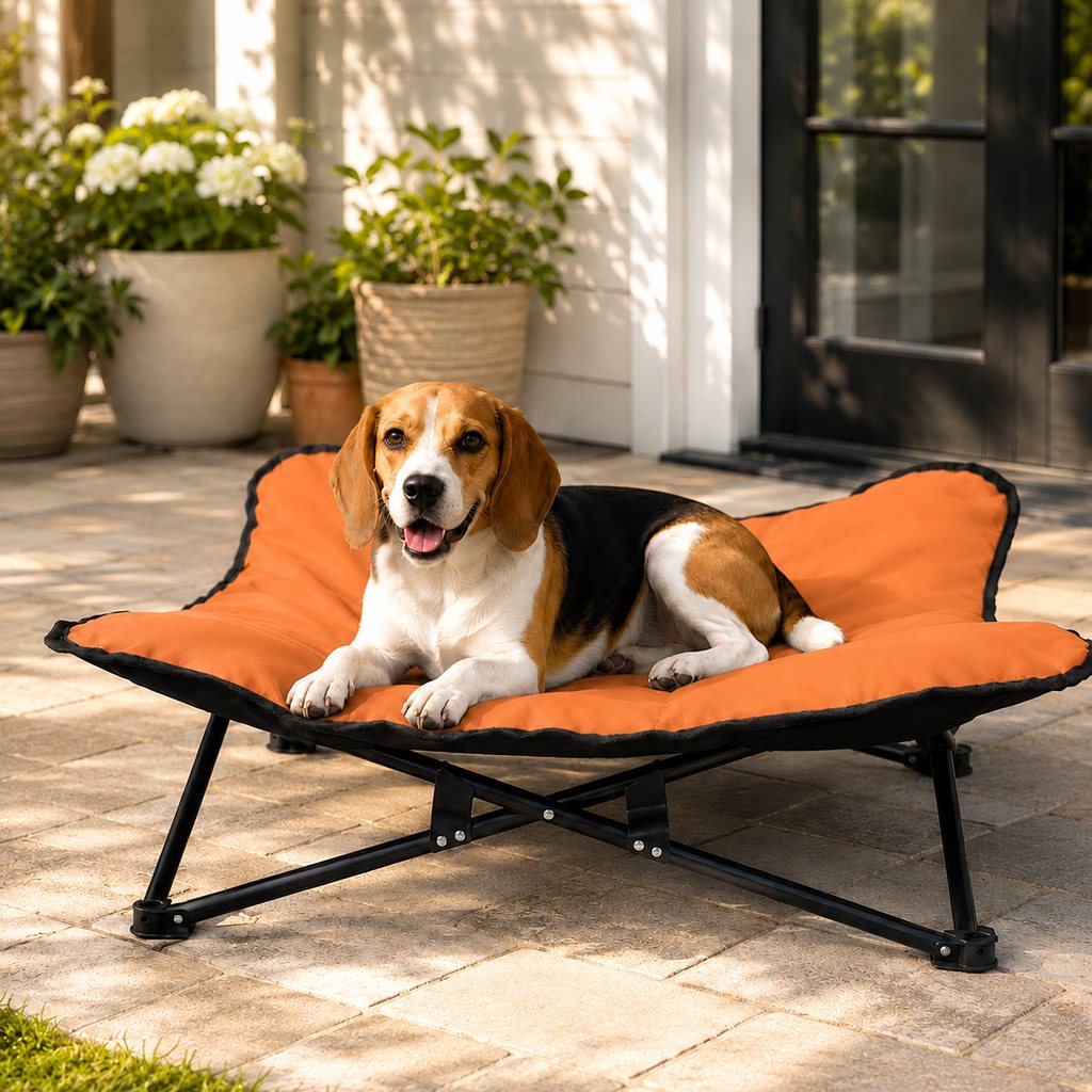 Dotisk Portable Folding Elevated Pet Bed for Dogs & Cats – Padded Raised Cot for Camping, Patio & Home, Keeps Pets Off Cold, Damp & Hard Ground