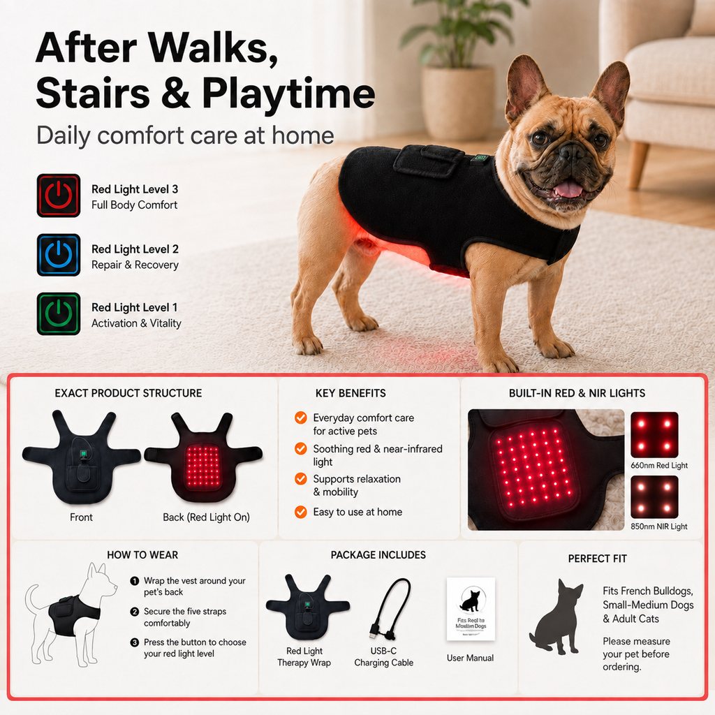 Dotisk FrenchieGlow Red Light Comfort Vest for French Bulldogs - USB-Powered or Built-In Battery At-Home Back, Belly & Hip Comfort After Walks