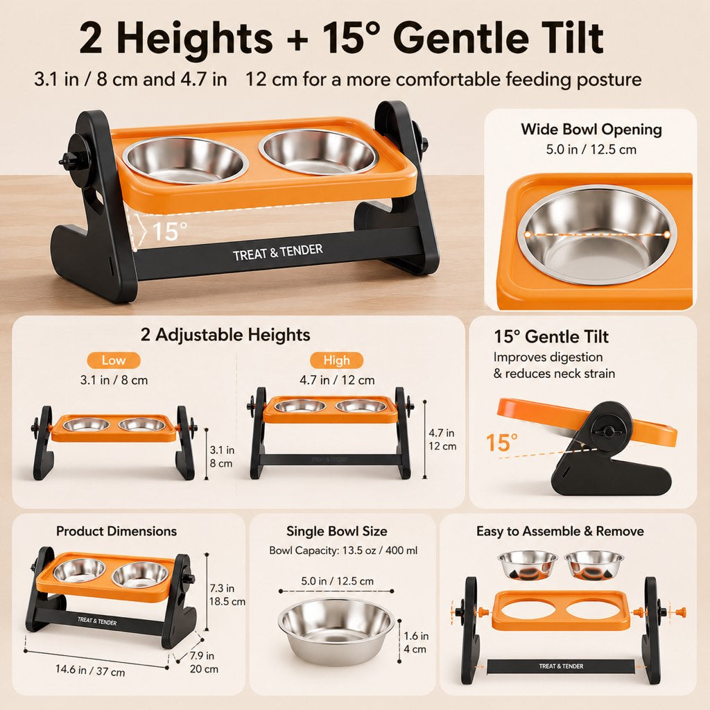 Dotisk Adjustable Elevated Stainless Steel Pet Bowls for Cats & Small Dogs - Tilted Feeding Station for Easier Mealtime & Less Floor Mess
