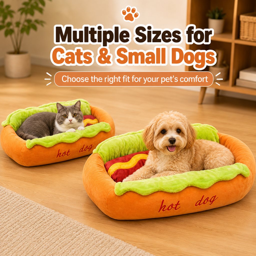 Dotisk Hot Dog Pet Bed for Cats & Small Dogs - Plush Bolster Bed with Removable Cushion for Cozy Indoor Naps