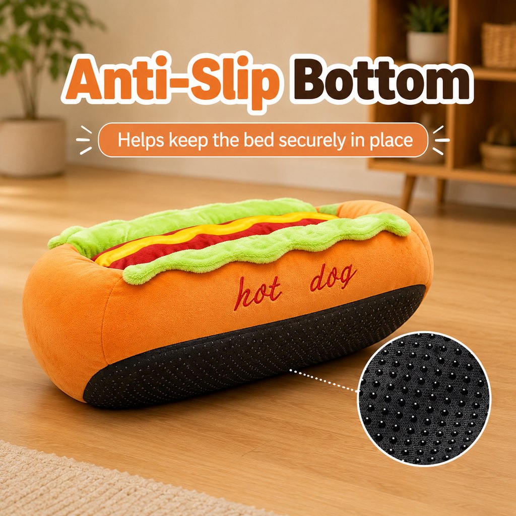 Dotisk Hot Dog Pet Bed for Cats & Small Dogs - Plush Bolster Bed with Removable Cushion for Cozy Indoor Naps
