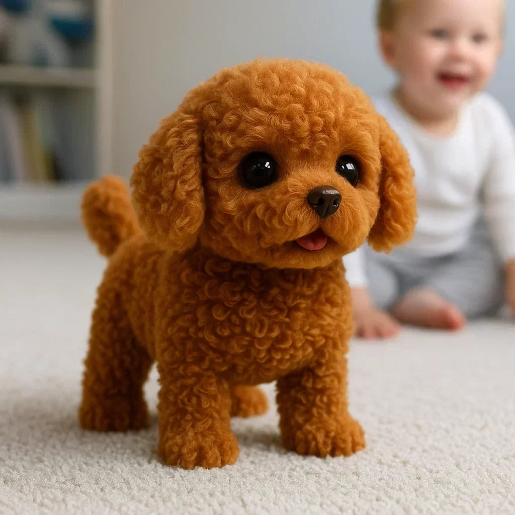 Plush Electronic Puppy Toy with Motion Sensors and Bark Sounds for Kids Bedroom Play White Brown Realistic Walking Pet Alternative Gift