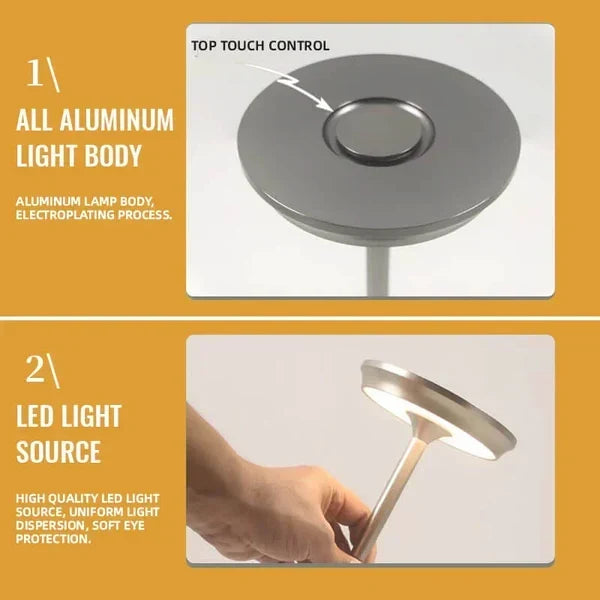 Rechargeable LED Table Lamp Touch Control 4 Brightness Levels Waterproof IP66 Metal Portable Battery Operated for Bedroom Living Room