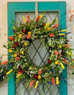Handcrafted Buttercup & Eucalyptus Door Wreath 19-22 Inch Grapevine Base Silk Flower Arrangement Pink Purple Yellow Blooms for Front Door