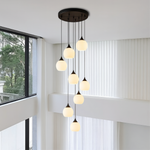 Multi-Drop Glass Globe Stairwell Fixture with Height-Adjustable Cable System for Vertical Spaces Black LED Illumination Mezzanine Entryway F