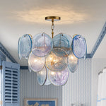 Layered Round Ceiling Fixture with Hand-Blown Sapphire Swirl Glass Discs for Dining Room & Entryway