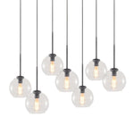 Seven-Globe Hanging Light with Adjustable Height Cords for Kitchen Island & Dining Table, Clear Glass Spheres, 35-Inch Canopy, E26 Base, Dim