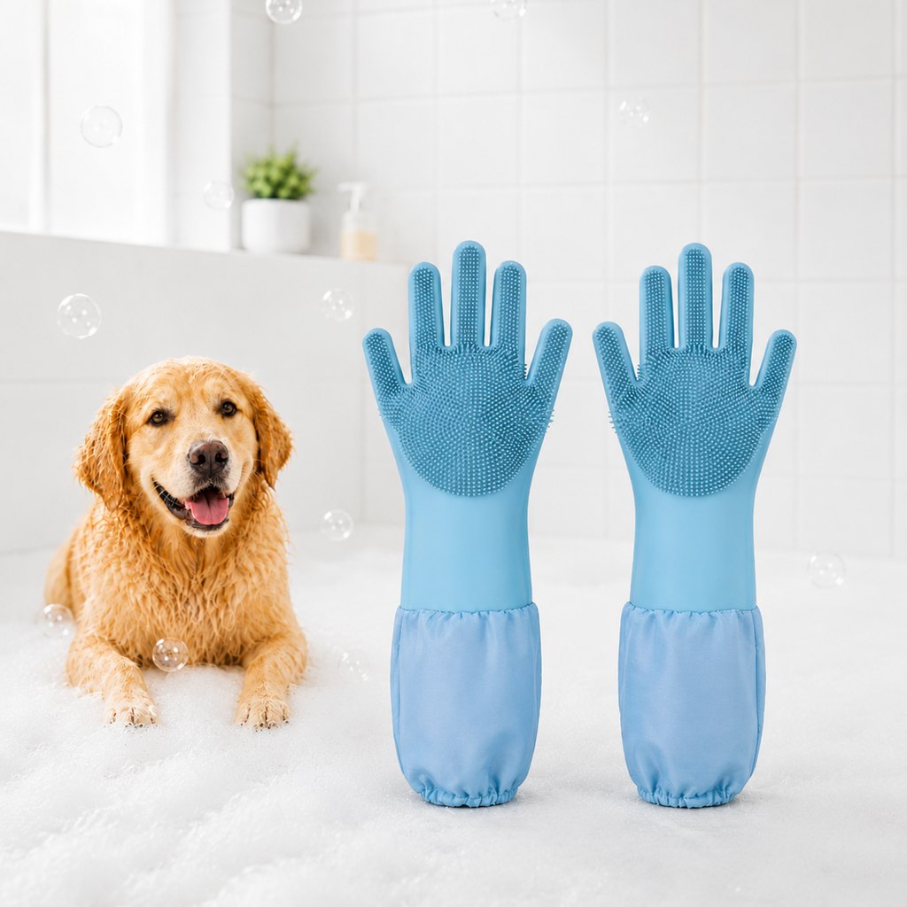 Dotisk Long-Sleeve Pet Bath & Grooming Gloves for Cats & Dogs - Cleaner Baths, Gentle Deshedding & Massage