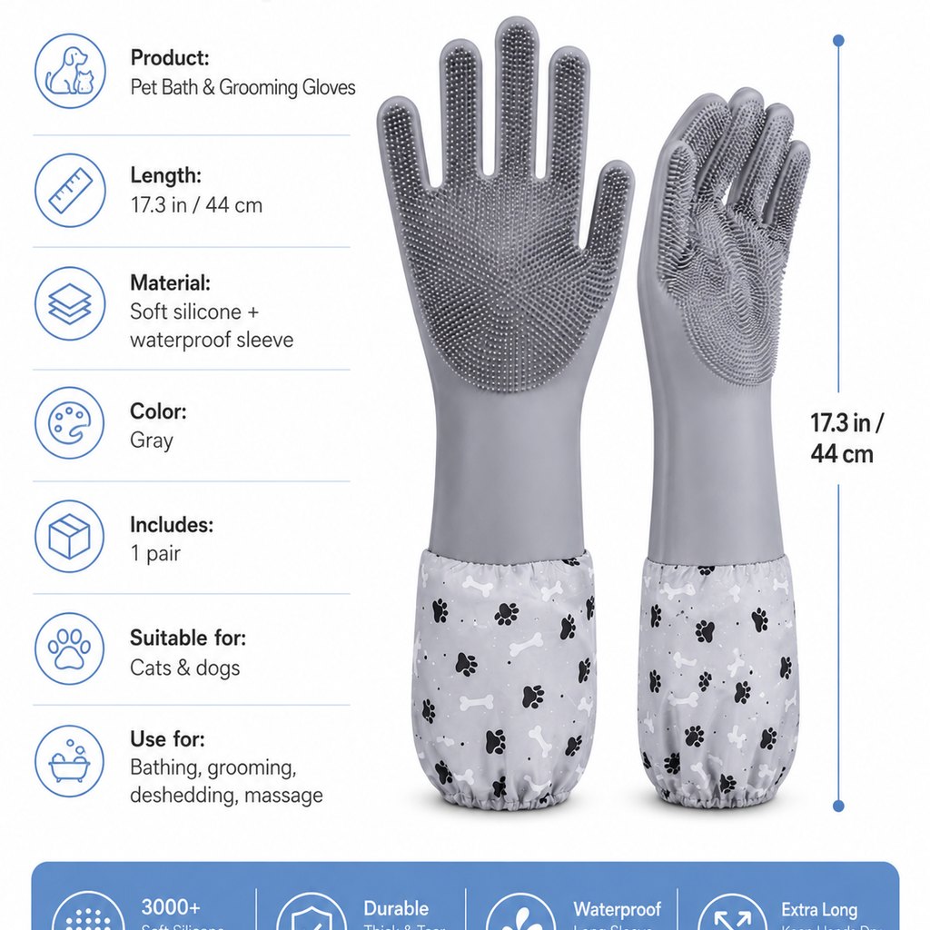 Dotisk Long-Sleeve Pet Bath & Grooming Gloves for Cats & Dogs - Cleaner Baths, Gentle Deshedding & Massage