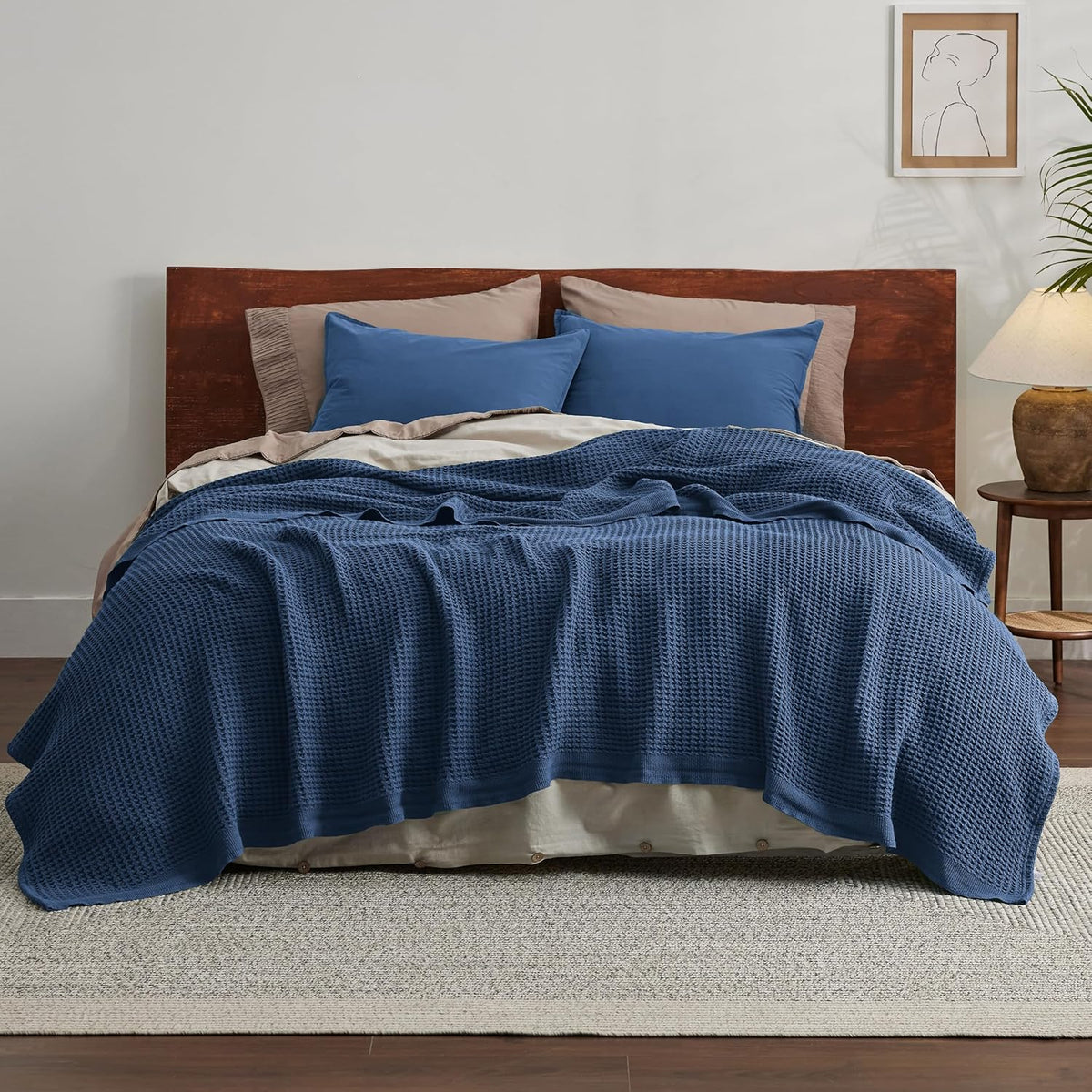 Cotton Throw Blanket for Bed, Waffle Weave Queen Size Blanket for All Seasons, Soft Breathable Cotton Blanket for Couch