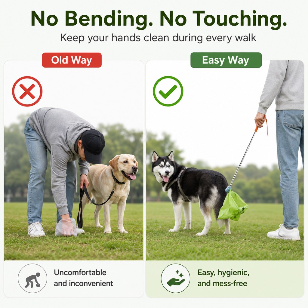 Dotisk Foldable Dog Poop Catcher for Walks - No-Bend Waste Pickup Tool with Telescopic Handle