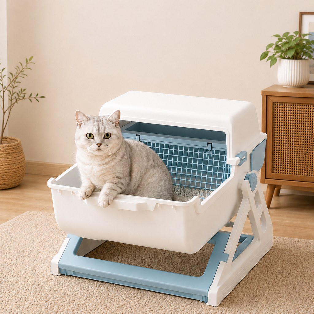 Dotisk Semi-Automatic Cat Litter Box for Indoor Cats - Open Entry Flip-to-Sift Design for Easier Cleanup