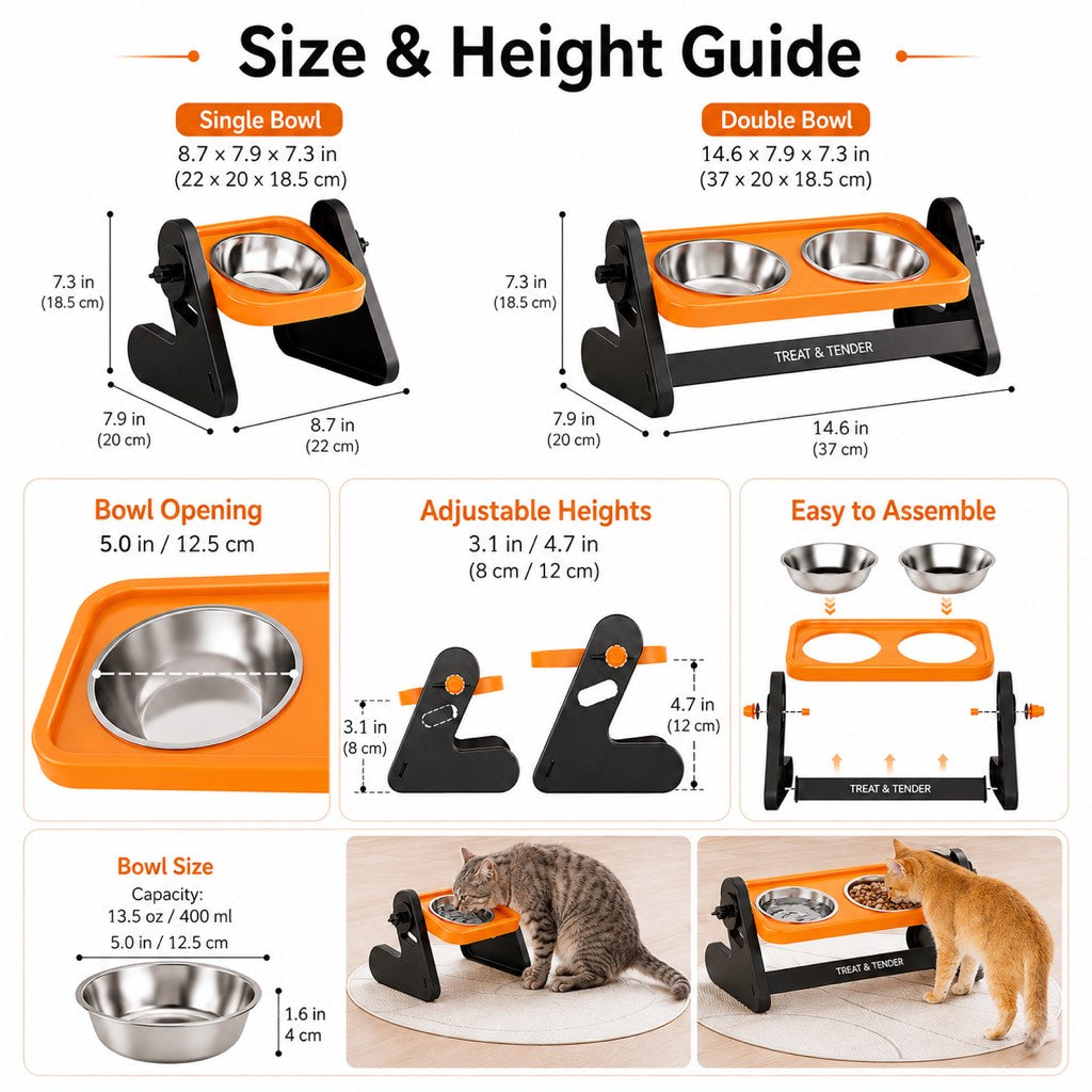 Dotisk Adjustable Elevated Stainless Steel Pet Bowls for Cats & Small Dogs - Tilted Feeding Station for Easier Mealtime & Less Floor Mess