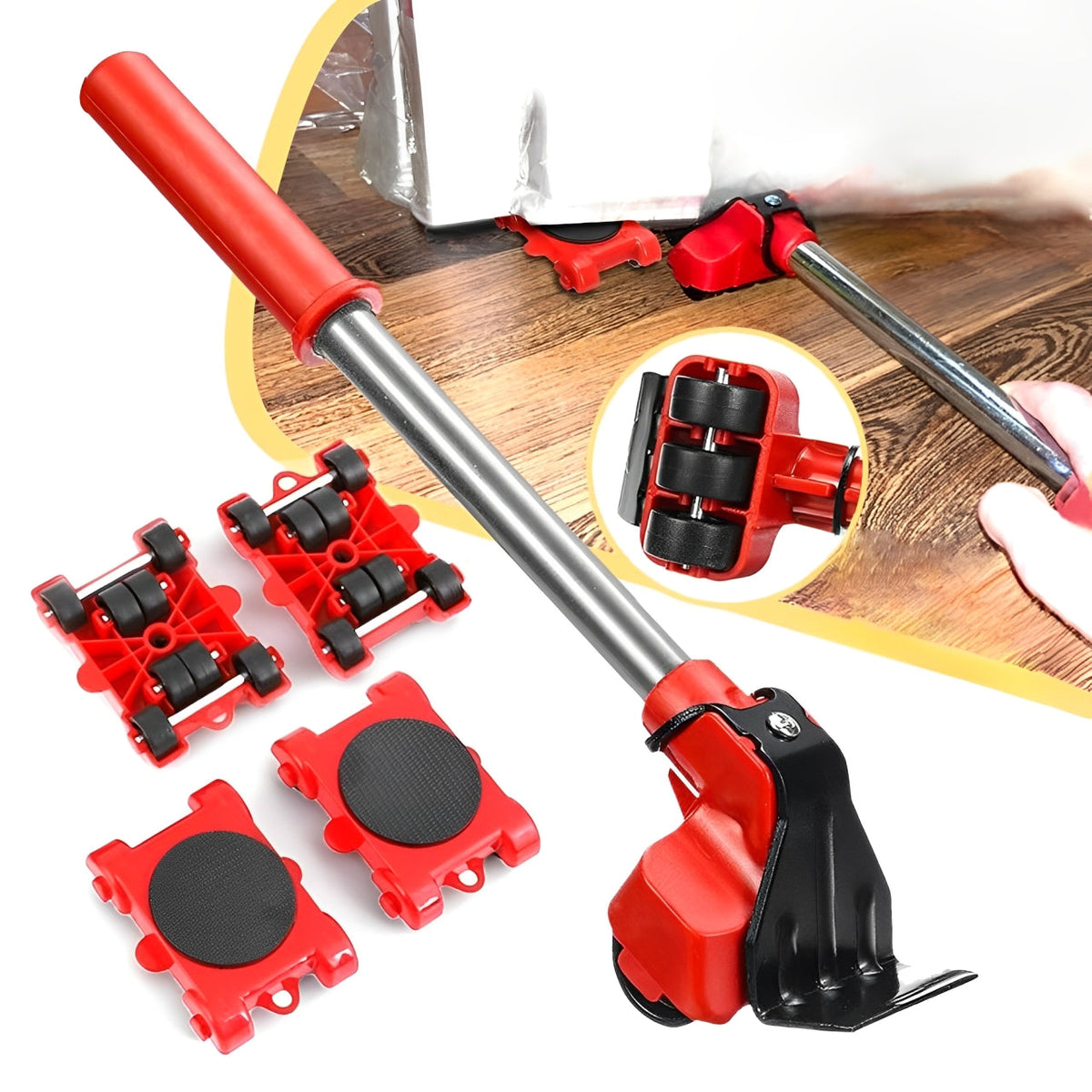 Heavy-Duty Furniture Moving Kit with Lifter Bar & Rolling Pads for Sofas Cabinets Appliances Hardwood Tile Carpet Floors Home Office