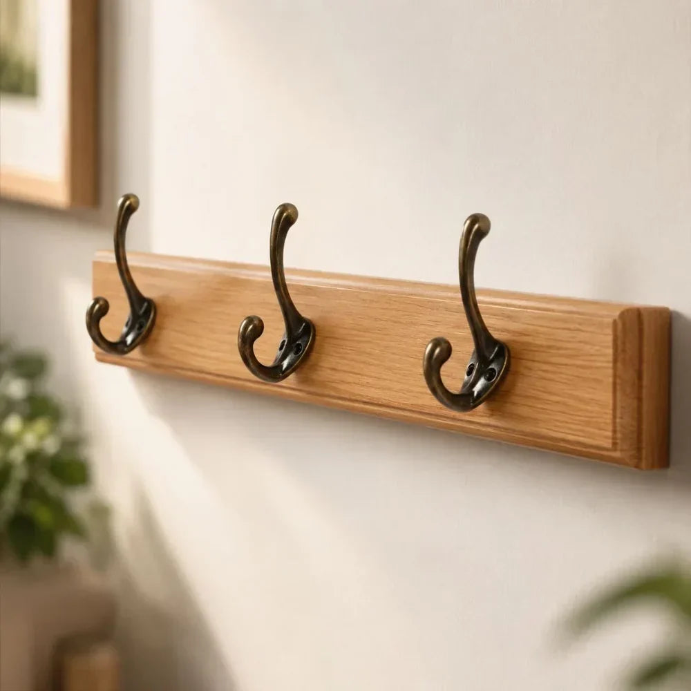 Entryway Hook Rack Wall-Mounted Solid Wood Organizer for Jackets Scarves Bags Natural Grain Finish 3 4 5 Hook Options Apartment Mudroom