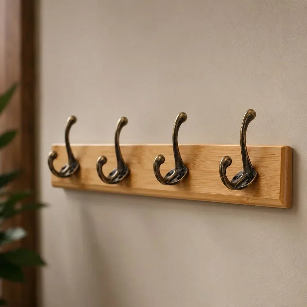 Entryway Hook Rack Wall-Mounted Solid Wood Organizer for Jackets Scarves Bags Natural Grain Finish 3 4 5 Hook Options Apartment Mudroom