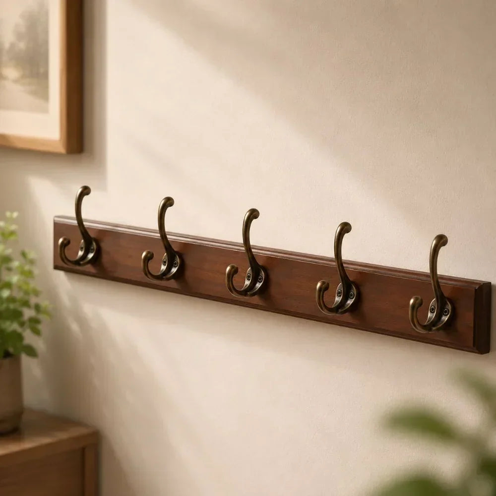 Entryway Hook Rack Wall-Mounted Solid Wood Organizer for Jackets Scarves Bags Natural Grain Finish 3 4 5 Hook Options Apartment Mudroom