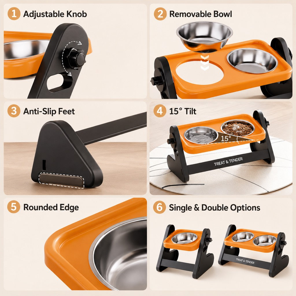 Dotisk Adjustable Elevated Stainless Steel Pet Bowls for Cats & Small Dogs - Tilted Feeding Station for Easier Mealtime & Less Floor Mess