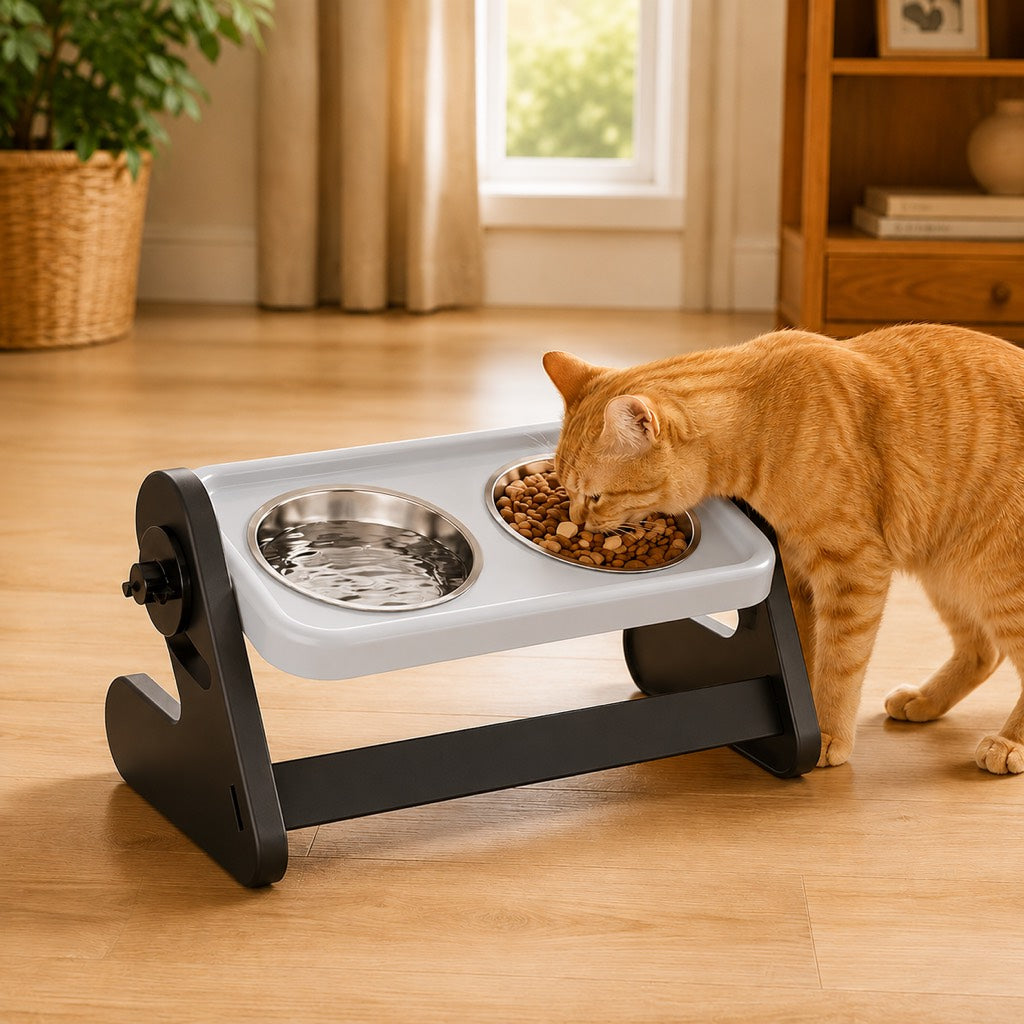Dotisk Adjustable Elevated Stainless Steel Pet Bowls for Cats & Small Dogs - Tilted Feeding Station for Easier Mealtime & Less Floor Mess