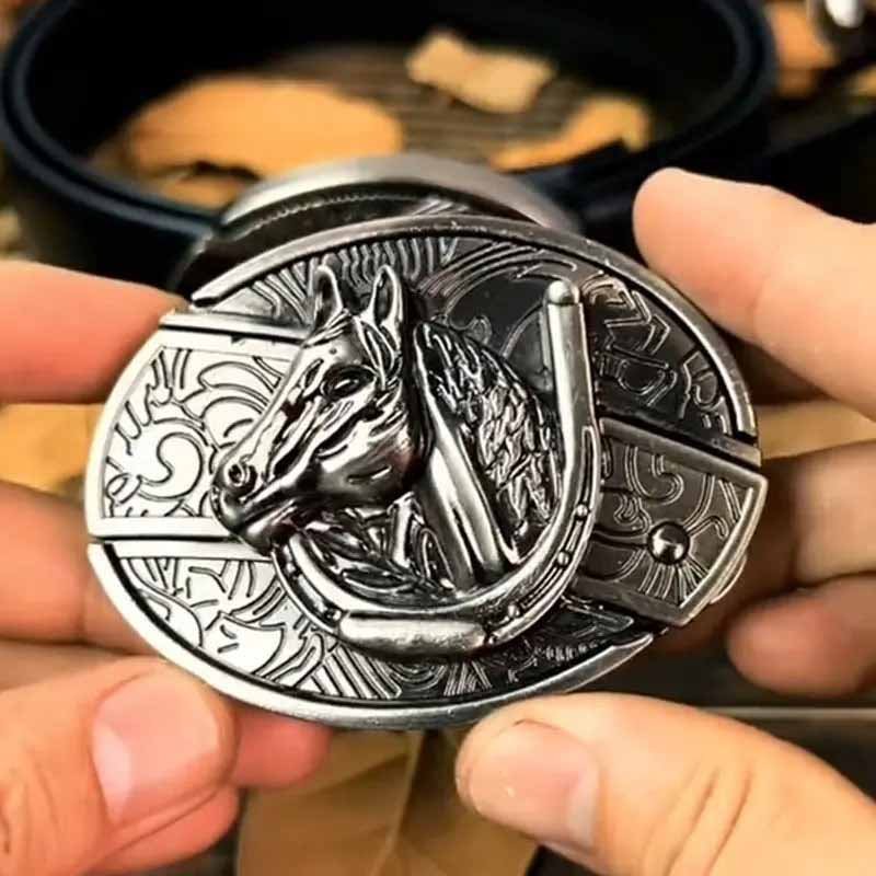 Oval Bull Skull Belt Buckle with Hidden Knife
