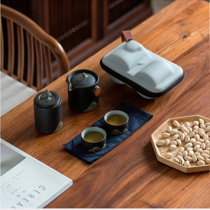 Ceramic Loose Leaf Tea Brewing Kit with Built-In Filter, Wooden Handle Teapot & Cups, Portable Tea Set for Camping, Office & Outdoor Use
