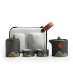 Ceramic Loose Leaf Tea Brewing Kit with Built-In Filter, Wooden Handle Teapot & Cups, Portable Tea Set for Camping, Office & Outdoor Use